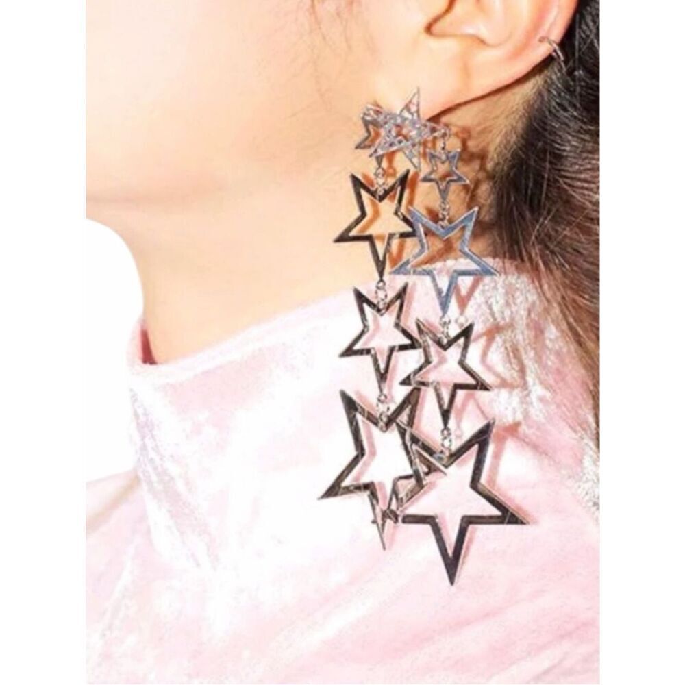 Oversized Silver Star Tassel Post Earrings NWT - Y2K Celestial 5”